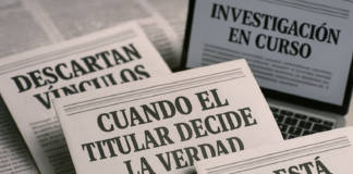 Cuando el encabezado de un periódico decide la verdad. Análisis editorial del caso CATEM, El Limones y Pedro Haces. Titulares de periódicos y pantallas de noticias superpuestas, simbolizando cómo el encabezado domina la interpretación de la información.