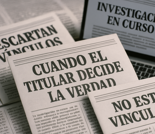 Cuando el encabezado de un periódico decide la verdad. Análisis editorial del caso CATEM, El Limones y Pedro Haces. Titulares de periódicos y pantallas de noticias superpuestas, simbolizando cómo el encabezado domina la interpretación de la información.