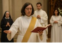 Diaconado femenino: un “no” provisional en una Iglesia en medio de tensiones Imagen conceptual de una mujer ejerciendo un ministerio diaconal en un espacio litúrgico, representando el debate actual sobre el papel de las mujeres en la Iglesia católica.