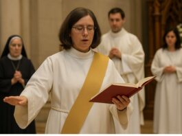 Diaconado femenino: un “no” provisional en una Iglesia en medio de tensiones Imagen conceptual de una mujer ejerciendo un ministerio diaconal en un espacio litúrgico, representando el debate actual sobre el papel de las mujeres en la Iglesia católica.