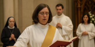 Diaconado femenino: un “no” provisional en una Iglesia en medio de tensiones Imagen conceptual de una mujer ejerciendo un ministerio diaconal en un espacio litúrgico, representando el debate actual sobre el papel de las mujeres en la Iglesia católica.