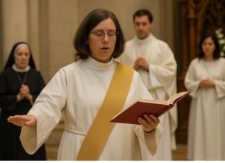 Diaconado femenino: un “no” provisional en una Iglesia en medio de tensiones Imagen conceptual de una mujer ejerciendo un ministerio diaconal en un espacio litúrgico, representando el debate actual sobre el papel de las mujeres en la Iglesia católica.