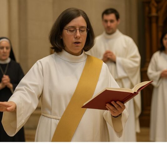 Diaconado femenino: un “no” provisional en una Iglesia en medio de tensiones Imagen conceptual de una mujer ejerciendo un ministerio diaconal en un espacio litúrgico, representando el debate actual sobre el papel de las mujeres en la Iglesia católica.