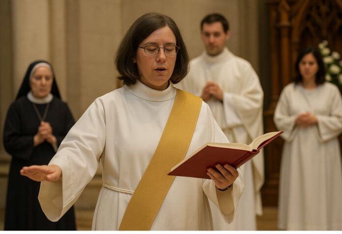 Diaconado Femenino Imagen conceptual de una mujer ejerciendo un ministerio diaconal en un espacio litúrgico, representando el debate actual sobre el papel de las mujeres en la Iglesia católica.