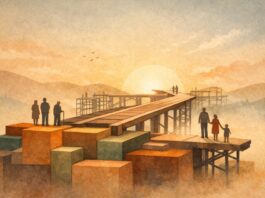 El humanismo mexicano: cómo completar el proyecto sin hipotecar el futuro Ilustración conceptual de un camino en construcción sostenido por una base sólida, con siluetas humanas avanzando hacia un horizonte iluminado que simboliza un proyecto social en proceso y con visión de futuro.
