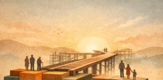 El humanismo mexicano: cómo completar el proyecto sin hipotecar el futuro Ilustración conceptual de un camino en construcción sostenido por una base sólida, con siluetas humanas avanzando hacia un horizonte iluminado que simboliza un proyecto social en proceso y con visión de futuro.