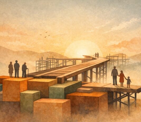 El humanismo mexicano: cómo completar el proyecto sin hipotecar el futuro Ilustración conceptual de un camino en construcción sostenido por una base sólida, con siluetas humanas avanzando hacia un horizonte iluminado que simboliza un proyecto social en proceso y con visión de futuro.