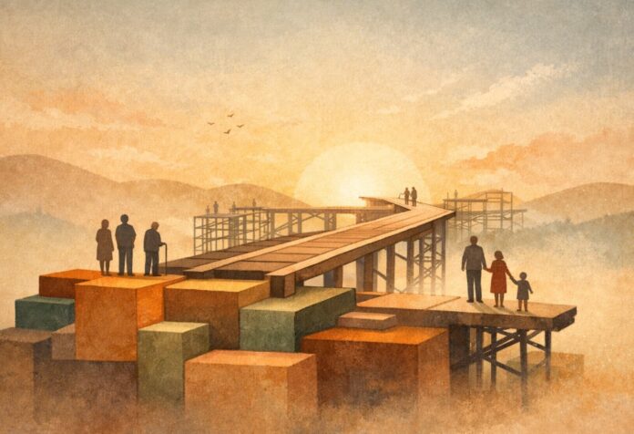 Ilustración conceptual de un camino en construcción sostenido por una base sólida, con siluetas humanas avanzando hacia un horizonte iluminado que simboliza un proyecto social en proceso y con visión de futuro.