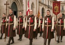 Heraldos del Evangelio: la batalla interna que revela las fracturas del catolicismo contemporáneo Integrantes de los Heraldos del Evangelio en procesión solemne, con túnicas medievales y estandartes religiosos.