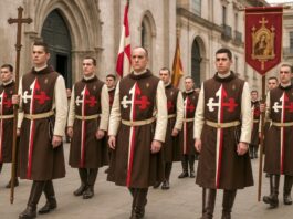 Heraldos del Evangelio: la batalla interna que revela las fracturas del catolicismo contemporáneo Integrantes de los Heraldos del Evangelio en procesión solemne, con túnicas medievales y estandartes religiosos.