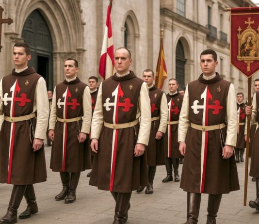 Heraldos del Evangelio: la batalla interna que revela las fracturas del catolicismo contemporáneo Integrantes de los Heraldos del Evangelio en procesión solemne, con túnicas medievales y estandartes religiosos.