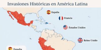 Por qué ningún gobierno extranjero debe venir a salvar a un pueblo Mapa de América Latina que muestra las regiones históricamente dominadas por potencias extranjeras como España, Francia, Estados Unidos y Reino Unido.