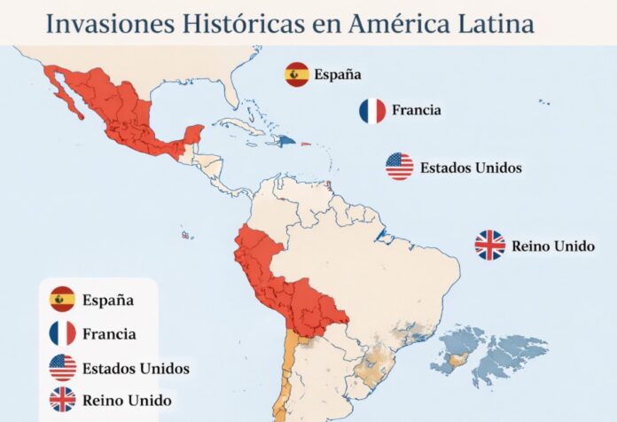 Mapa de América Latina que muestra las regiones históricamente dominadas por potencias extranjeras como España, Francia, Estados Unidos y Reino Unido.