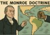 Trump revive la Doctrina Monroe: ¿qué significa para América Latina? Mapa de América Latina con énfasis en el hemisferio occidental, acompañado por símbolos de poder político y militar, representando la nueva estrategia de seguridad de Estados Unidos y la reactivación de la Doctrina Monroe.