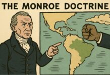 Trump revive la Doctrina Monroe: ¿qué significa para América Latina? Mapa de América Latina con énfasis en el hemisferio occidental, acompañado por símbolos de poder político y militar, representando la nueva estrategia de seguridad de Estados Unidos y la reactivación de la Doctrina Monroe.