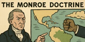 Trump revive la Doctrina Monroe: ¿qué significa para América Latina? Mapa de América Latina con énfasis en el hemisferio occidental, acompañado por símbolos de poder político y militar, representando la nueva estrategia de seguridad de Estados Unidos y la reactivación de la Doctrina Monroe.
