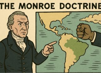 Trump revive la Doctrina Monroe: ¿qué significa para América Latina? Mapa de América Latina con énfasis en el hemisferio occidental, acompañado por símbolos de poder político y militar, representando la nueva estrategia de seguridad de Estados Unidos y la reactivación de la Doctrina Monroe.
