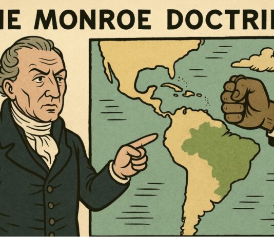 Trump revive la Doctrina Monroe: ¿qué significa para América Latina? Mapa de América Latina con énfasis en el hemisferio occidental, acompañado por símbolos de poder político y militar, representando la nueva estrategia de seguridad de Estados Unidos y la reactivación de la Doctrina Monroe.