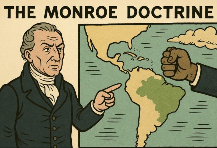 La Doctrina Monroe Mapa de América Latina con énfasis en el hemisferio occidental, acompañado por símbolos de poder político y militar, representando la nueva estrategia de seguridad de Estados Unidos y la reactivación de la Doctrina Monroe.