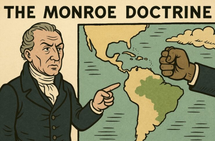 Trump revive la Doctrina Monroe: ¿qué significa para América Latina? Mapa de América Latina con énfasis en el hemisferio occidental, acompañado por símbolos de poder político y militar, representando la nueva estrategia de seguridad de Estados Unidos y la reactivación de la Doctrina Monroe.
