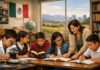 Educar desde el país que somos: una defensa serena de la Nueva Escuela Mexicana Docente mexicana acompaña a estudiantes en un aula escolar mientras realizan actividades de lectura y ciencias, con símbolos nacionales y un paisaje urbano y rural al fondo.