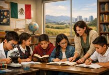 Educar desde el país que somos: una defensa serena de la Nueva Escuela Mexicana Docente mexicana acompaña a estudiantes en un aula escolar mientras realizan actividades de lectura y ciencias, con símbolos nacionales y un paisaje urbano y rural al fondo.