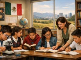 Educar desde el país que somos: una defensa serena de la Nueva Escuela Mexicana Docente mexicana acompaña a estudiantes en un aula escolar mientras realizan actividades de lectura y ciencias, con símbolos nacionales y un paisaje urbano y rural al fondo.