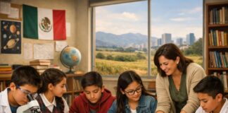 Educar desde el país que somos: una defensa serena de la Nueva Escuela Mexicana Docente mexicana acompaña a estudiantes en un aula escolar mientras realizan actividades de lectura y ciencias, con símbolos nacionales y un paisaje urbano y rural al fondo.