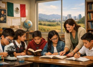 Educar desde el país que somos: una defensa serena de la Nueva Escuela Mexicana Docente mexicana acompaña a estudiantes en un aula escolar mientras realizan actividades de lectura y ciencias, con símbolos nacionales y un paisaje urbano y rural al fondo.