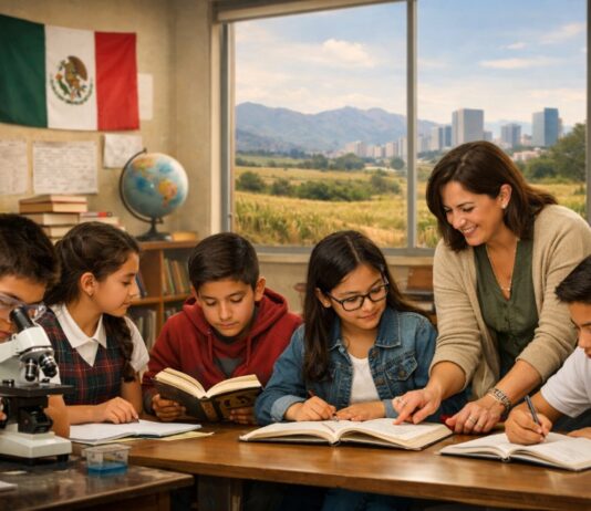 Educar desde el país que somos: una defensa serena de la Nueva Escuela Mexicana Docente mexicana acompaña a estudiantes en un aula escolar mientras realizan actividades de lectura y ciencias, con símbolos nacionales y un paisaje urbano y rural al fondo.