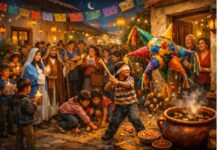 Las Posadas: honrar la tradición, aunque sea en la memoria Posada tradicional mexicana en un barrio: niños rompen una piñata de siete picos mientras vecinos cantan, comparten dulces y beben ponche en un ambiente festivo y comunitario.