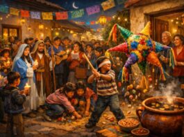 Las Posadas: honrar la tradición, aunque sea en la memoria Posada tradicional mexicana en un barrio: niños rompen una piñata de siete picos mientras vecinos cantan, comparten dulces y beben ponche en un ambiente festivo y comunitario.