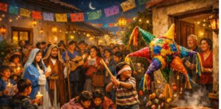 Las Posadas: honrar la tradición, aunque sea en la memoria Posada tradicional mexicana en un barrio: niños rompen una piñata de siete picos mientras vecinos cantan, comparten dulces y beben ponche en un ambiente festivo y comunitario.