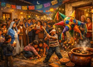 Las Posadas: honrar la tradición, aunque sea en la memoria Posada tradicional mexicana en un barrio: niños rompen una piñata de siete picos mientras vecinos cantan, comparten dulces y beben ponche en un ambiente festivo y comunitario.