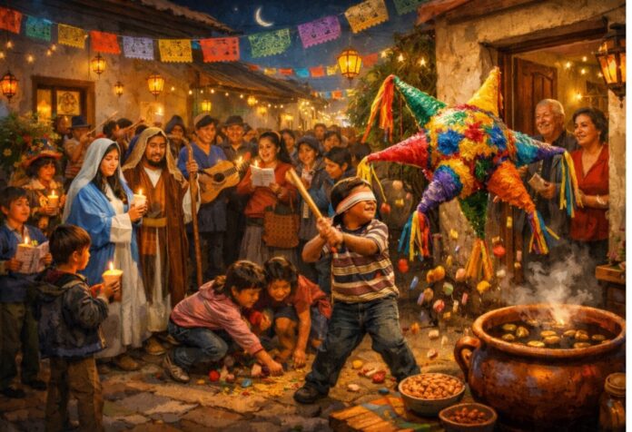 Posada tradicional mexicana en un barrio: niños rompen una piñata de siete picos mientras vecinos cantan, comparten dulces y beben ponche en un ambiente festivo y comunitario.