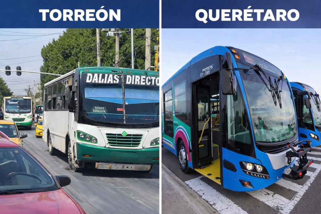 Comparativa visual entre autobuses urbanos deteriorados en Torreón y unidades modernas del transporte público en Querétaro.
