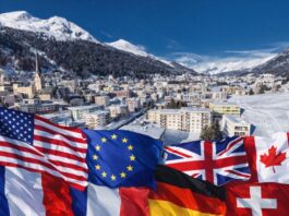 Davos y el repliegue de Trump: se evita la ruptura a costa de Groelandia Panorámica invernal de Davos, Suiza, con banderas de potencias occidentales sobrepuestas de forma simbólica durante el Foro Económico Mundial.