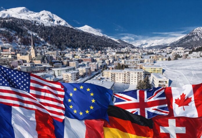 Panorámica invernal de Davos, Suiza, con banderas de potencias occidentales sobrepuestas de forma simbólica durante el Foro Económico Mundial.