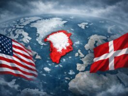 Groenlandia en la mira: por qué Trump amenaza a Europa Mapa del Ártico visto desde arriba, con Groenlandia resaltada en rojo al centro y las banderas de Estados Unidos y Dinamarca a los lados, en un ambiente frío y nublado que sugiere tensión política.