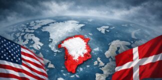 Groenlandia en la mira: por qué Trump amenaza a Europa Mapa del Ártico visto desde arriba, con Groenlandia resaltada en rojo al centro y las banderas de Estados Unidos y Dinamarca a los lados, en un ambiente frío y nublado que sugiere tensión política.