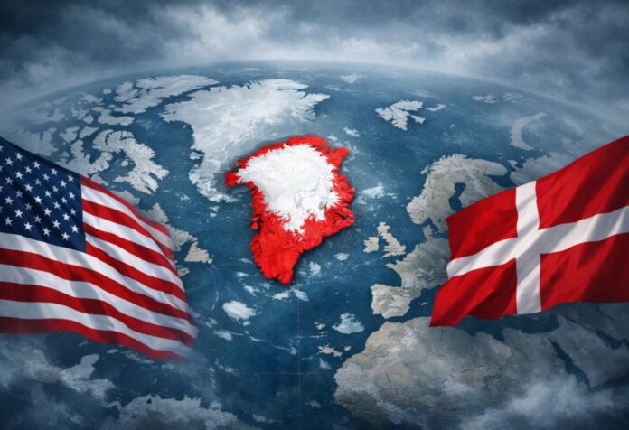 Mapa del Ártico visto desde arriba, con Groenlandia resaltada en rojo al centro y las banderas de Estados Unidos y Dinamarca a los lados, en un ambiente frío y nublado que sugiere tensión política.