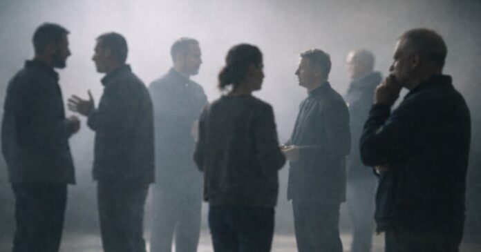 Personas desenfocadas conversando en un espacio cerrado, con ambiente sobrio y tonos neutros, que sugieren diversidad de opiniones y reflexión colectiva.