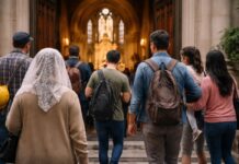 León XIV y la Iglesia después de Francisco: decidir sin romper Grupo diverso de personas entrando a una iglesia: una mujer mayor con mantilla, jóvenes con mochilas y una familia, vistos de espaldas frente al altar iluminado.