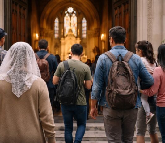 León XIV y la Iglesia después de Francisco: decidir sin romper Grupo diverso de personas entrando a una iglesia: una mujer mayor con mantilla, jóvenes con mochilas y una familia, vistos de espaldas frente al altar iluminado.