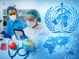 Estados Unidos se retira de la Organización Mundial de la Salud: dinero, ciencia y poder en juego Composición visual sobre la salud global con personal de laboratorio, el mapa del mundo y el emblema de la Organización Mundial de la Salud.