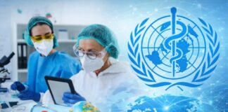 Estados Unidos se retira de la Organización Mundial de la Salud: dinero, ciencia y poder en juego Composición visual sobre la salud global con personal de laboratorio, el mapa del mundo y el emblema de la Organización Mundial de la Salud.
