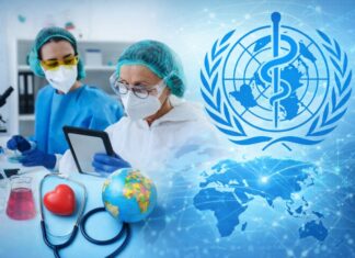 Estados Unidos se retira de la Organización Mundial de la Salud: dinero, ciencia y poder en juego Composición visual sobre la salud global con personal de laboratorio, el mapa del mundo y el emblema de la Organización Mundial de la Salud.