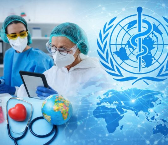 Estados Unidos se retira de la Organización Mundial de la Salud: dinero, ciencia y poder en juego Composición visual sobre la salud global con personal de laboratorio, el mapa del mundo y el emblema de la Organización Mundial de la Salud.