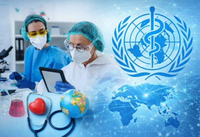 Composición visual sobre la salud global con personal de laboratorio, el mapa del mundo y el emblema de la Organización Mundial de la Salud.