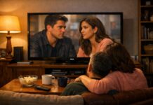 Ver series y películas hoy: lo que empieza a incomodar Matrimonio sentado en la sala de su casa mirando una televisión, con tazas de café y palomitas sobre la mesa, en un ambiente cálido y reflexivo.